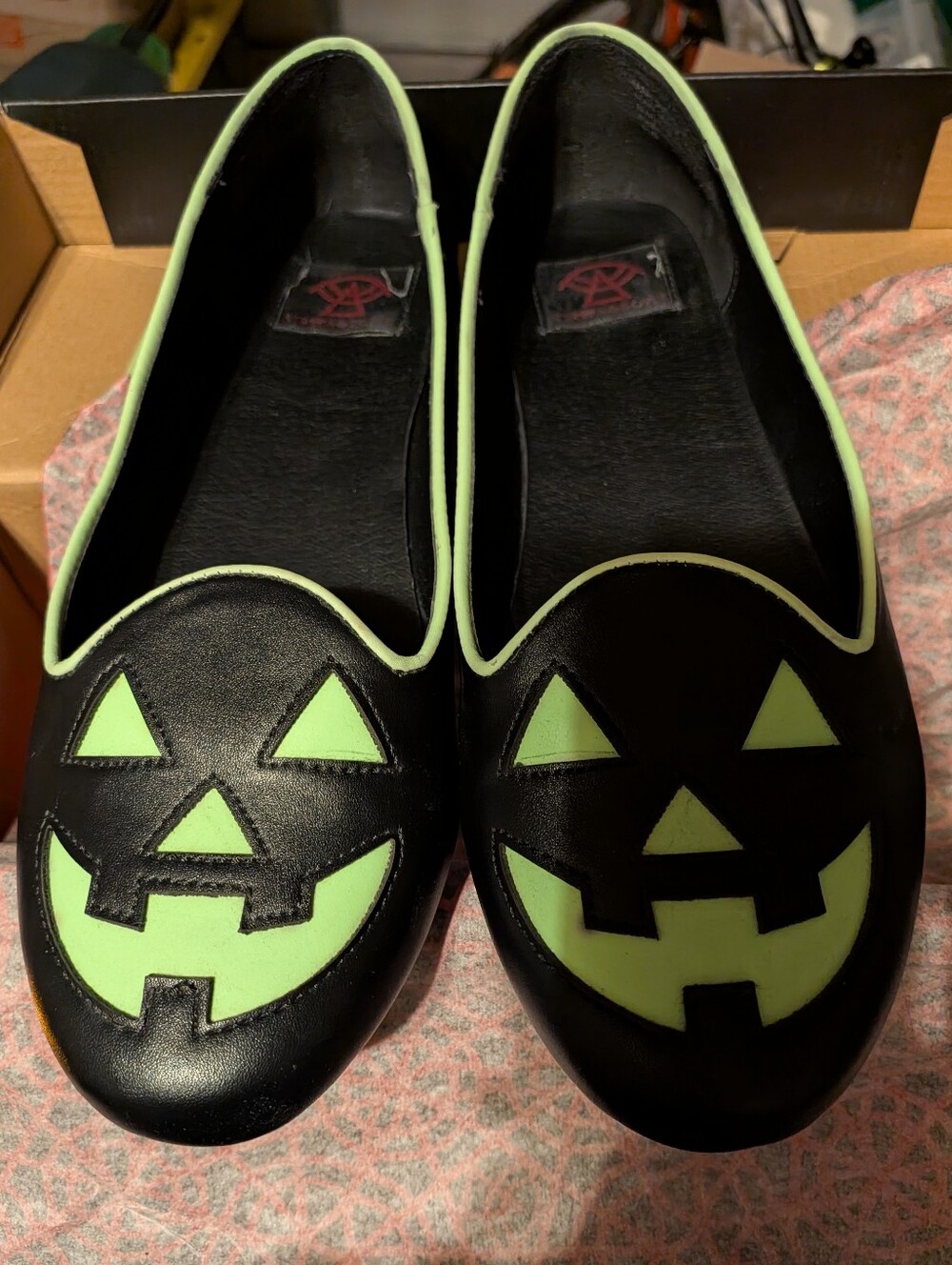 Strange Cvlt Lydia Black and Neon Green Pumpkin Face Ballet flats